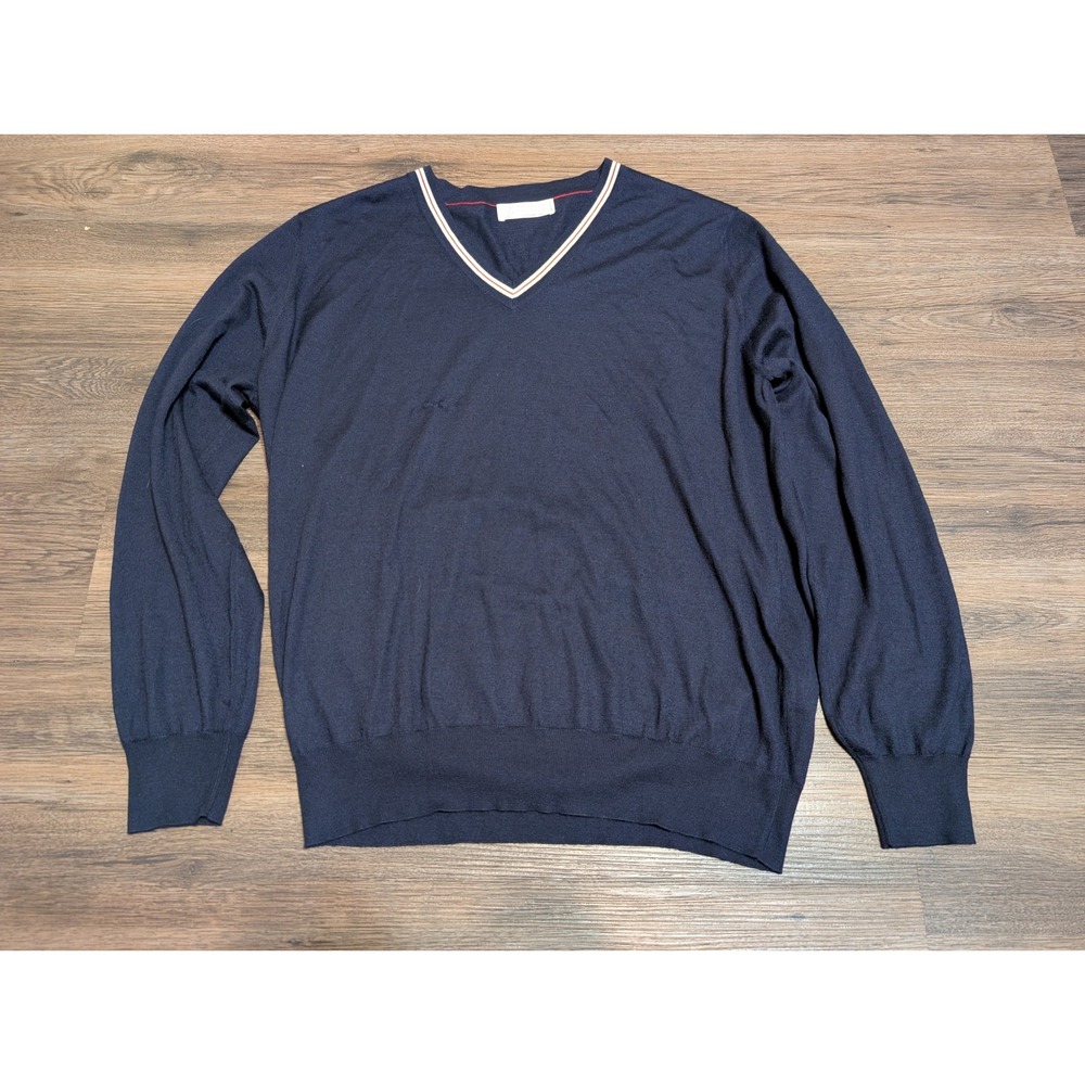 Brunello Cucinelli Men Navy Blue Cashmere Silk V-Neck Sweater IT 54 L Italy FLAW